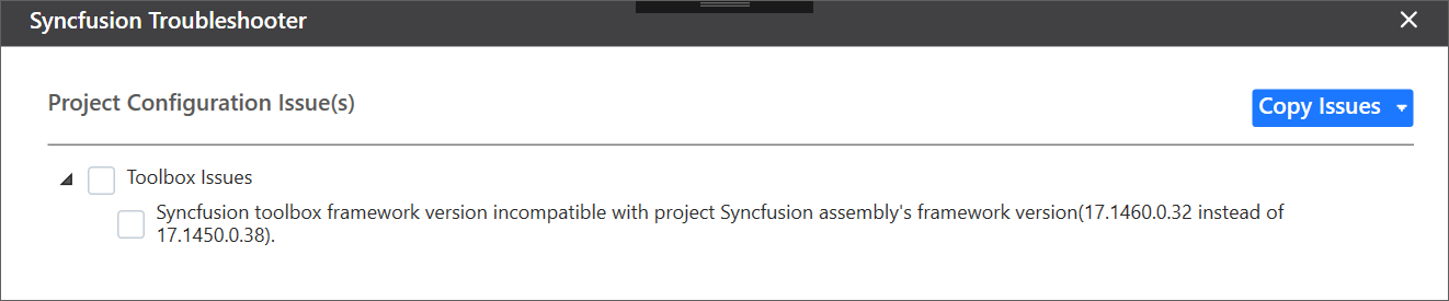 Syncfusion Toolbox Framework version mismatched issue shown in Troubleshooter wizard