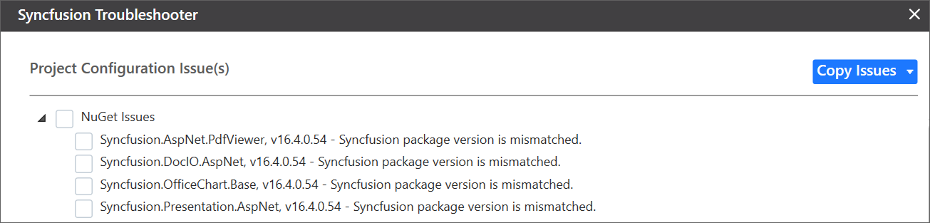 Syncfusion NuGet Packages version mismatched issue shown in Troubleshooter wizard