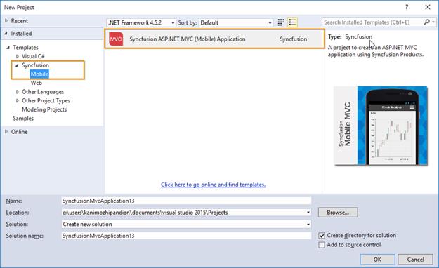 Choose Syncfusion ASP.NET MVC Mobile Application from Visual Studio new project dialog