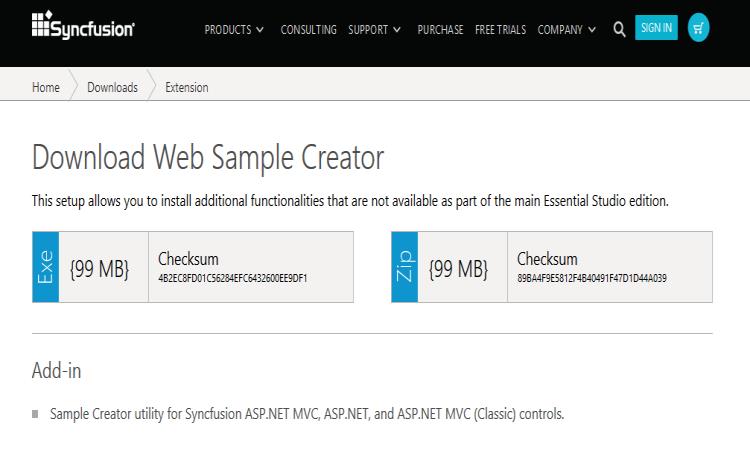 Download link for Syncfusion Essential Studio Web Sample Creator