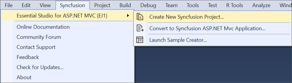 Syncfusion Menu when Selected Microsoft ASP.NET MVC application in Visual Studio