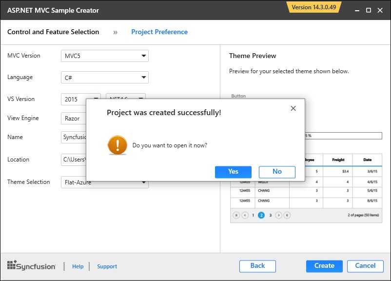 The project successfully created using Syncfusion Essential JS 1 ASP.NET MVC Sample Creator