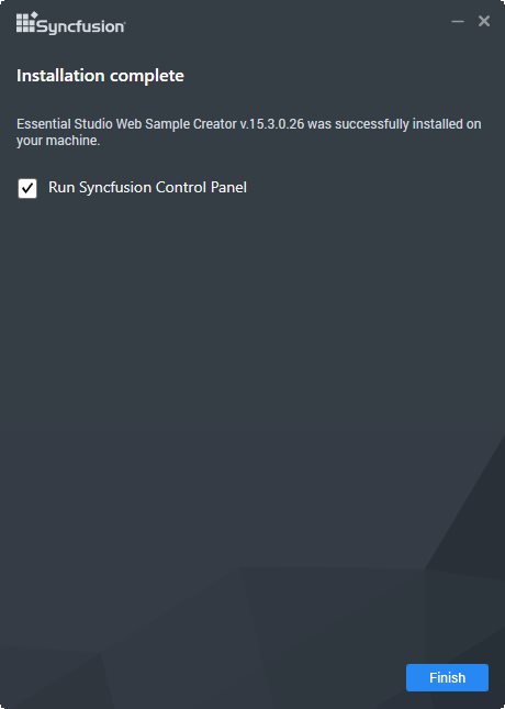 Syncfusion Web Sample Creator setup installation completed wizard