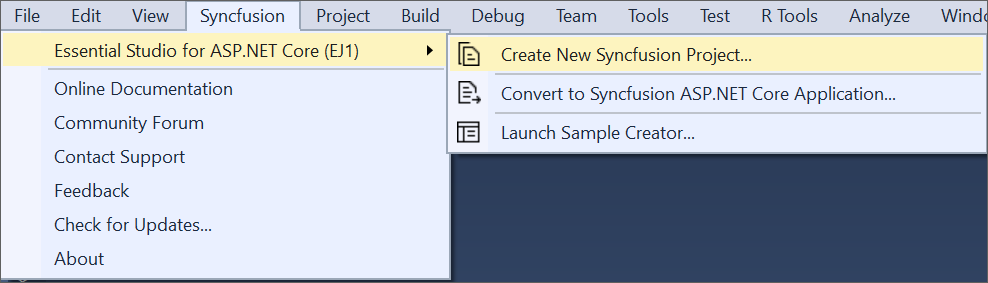 Syncfusion Menu when Selected Microsoft ASP.NET Core application in Visual Studio