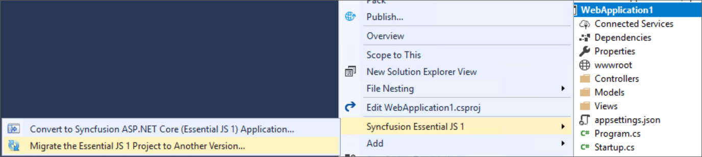 Syncfusion Essential JS 1 ASP.NET Core Project Migration add-in