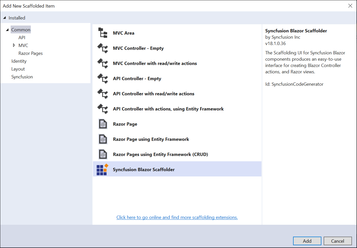Choose Syncfusion Scaffolding from Visual Studio Add scaffold dialog