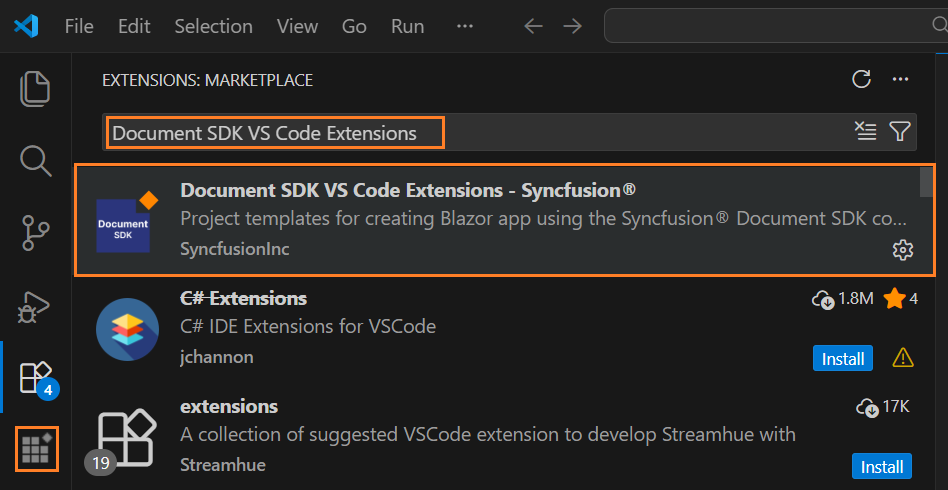Extensions view showing Syncfusion Document SDK extension search results