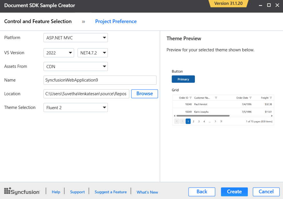 Syncfusion Document SDK Sample Creator project configuration section