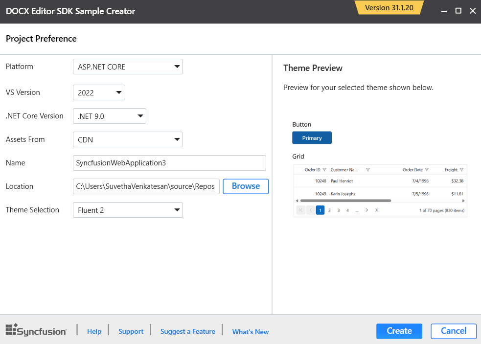 Syncfusion DOCX Editor SDK Sample Creator project configuration section
