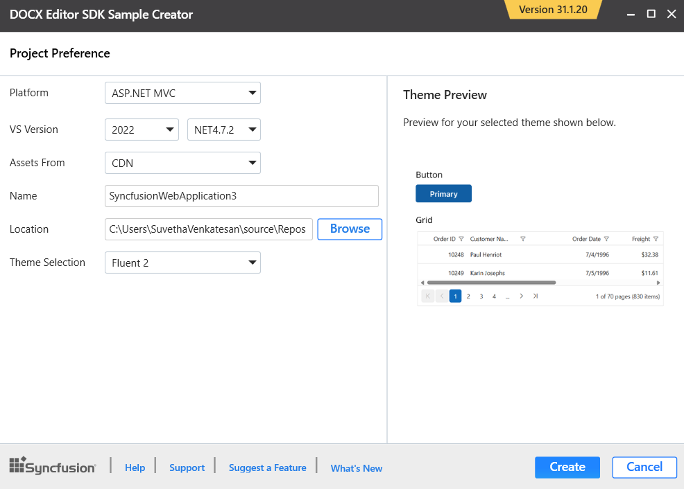 Syncfusion DOCX Editor SDK Sample Creator project configuration section