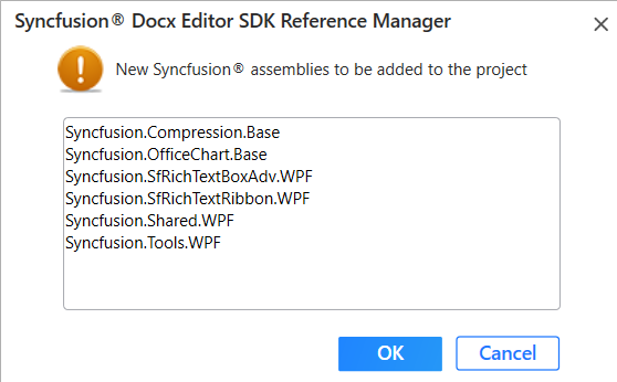 Syncfusion DOCX Editor SDK Reference Manager new assemblies add information dialog