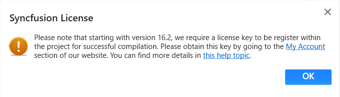 Syncfusion license registration required information dialog in Syncfusion DOCX Editor SDK Reference Manager