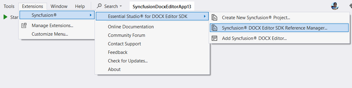 Syncfusion DOCX Editor SDK Reference Manager via Syncfusion Menu