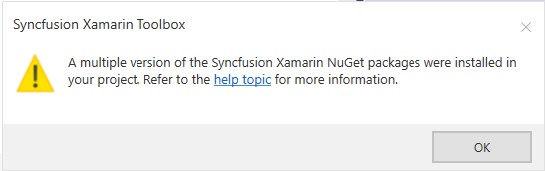 Syncfusion Xamarin toolbox alert message when different Syncfusion Xamarin NuGet packages are installed with multiple version in the project