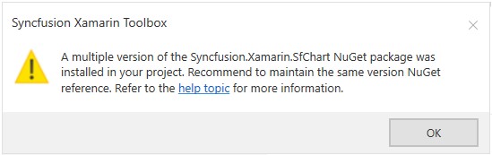 Syncfusion Xamarin toolbox alert message when multiple version of the same Syncfusion Xamarin NuGet package already installed in the project