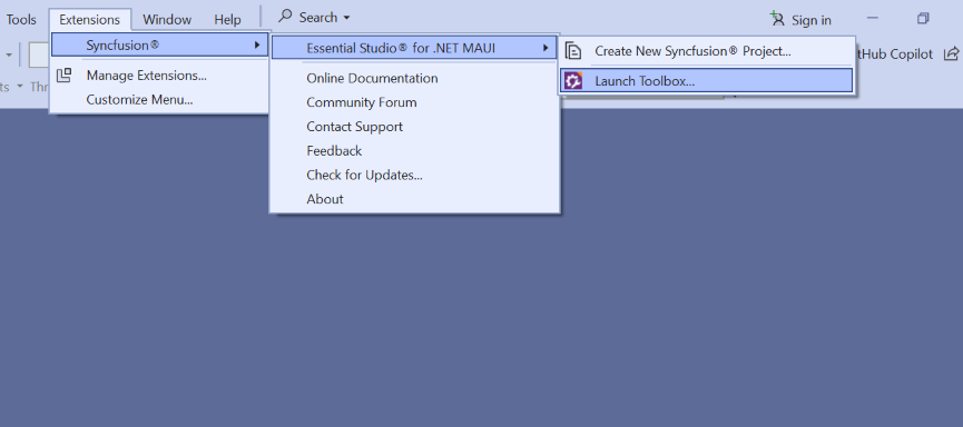 Syncfusion .NET MAUI Custom Toolbox via Syncfusion<sup>®</sup> menu