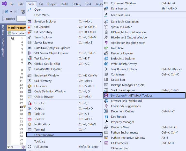 Syncfusion .NET MAUI Custom Toolbox view menu