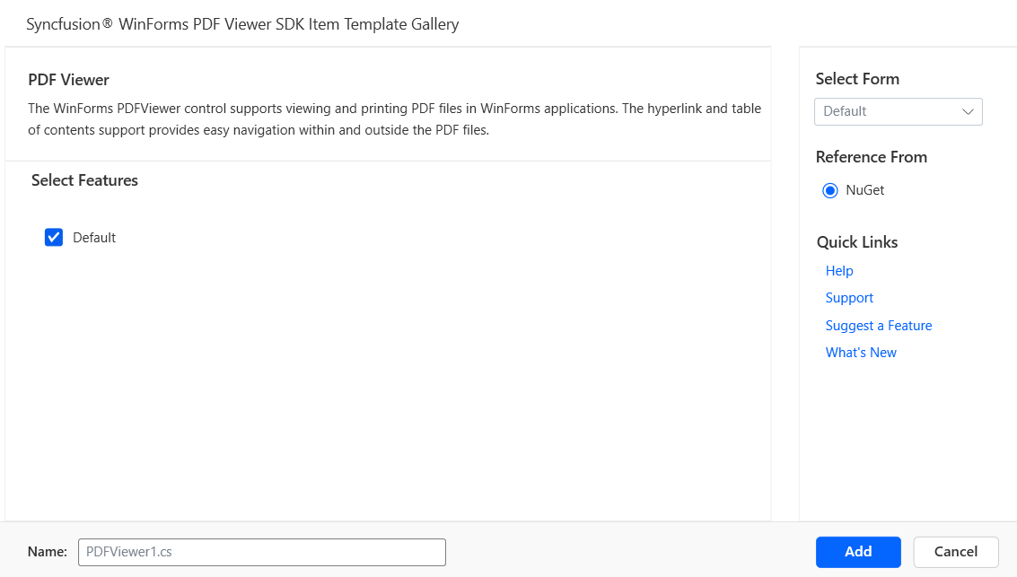 Syncfusion WinForms PDF Viewer SDK Item template Component
