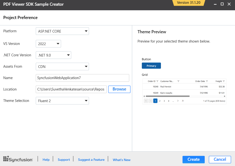 Syncfusion PDF Viewer SDK Sample Creator project configuration section
