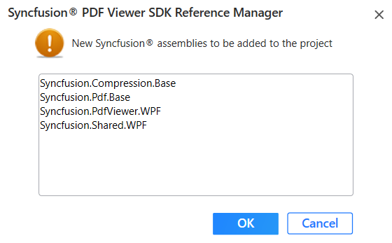 Syncfusion PDF Viewer SDK Reference Manager new assemblies add information dialog