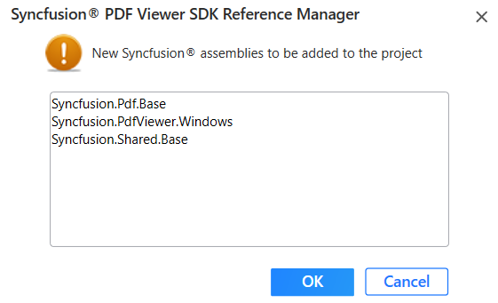 Syncfusion PDF Viewer SDK Reference Manager new assemblies add information dialog