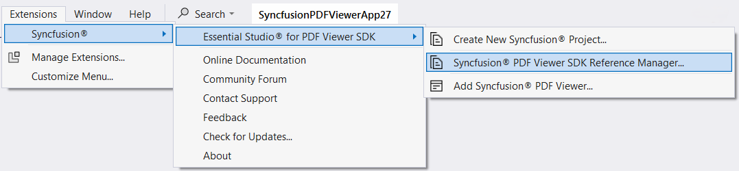 Syncfusion PDF Viewer SDK Reference Manager via Syncfusion Menu