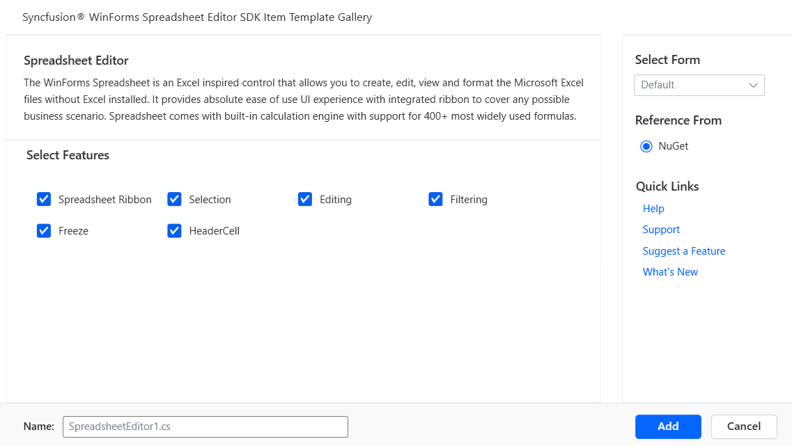 Syncfusion WinForms Spreadsheet Editor SDK Item template component