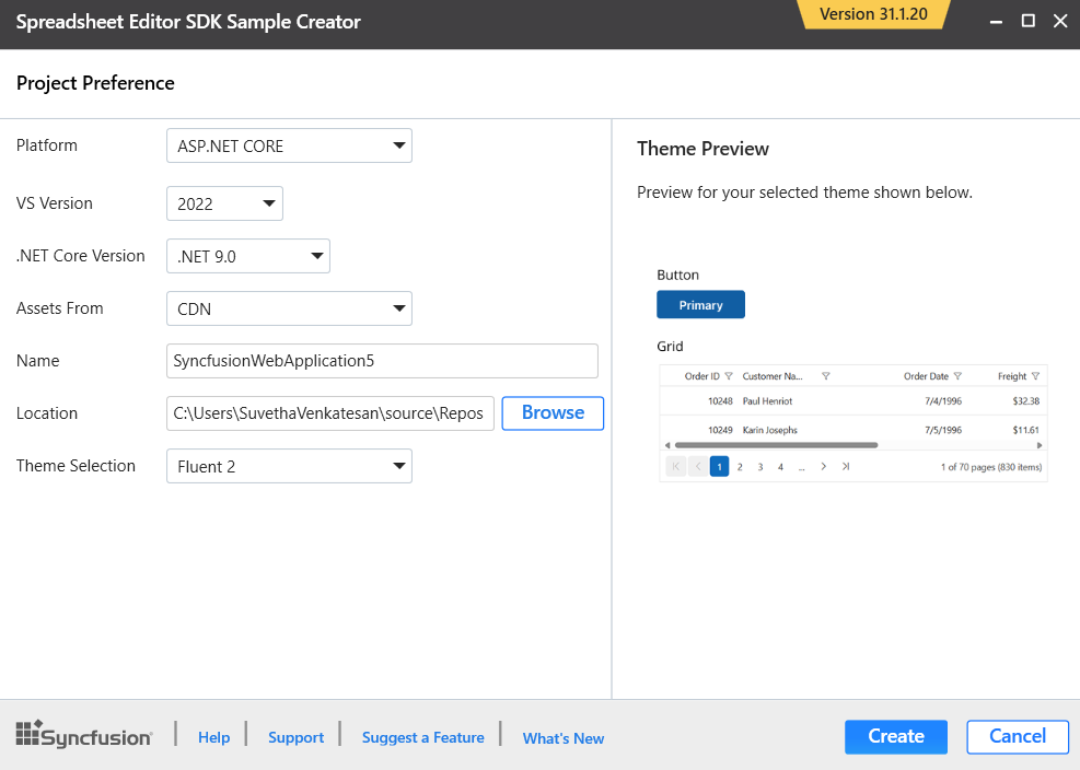 Syncfusion Spreadsheet Editor SDK Sample Creator project configuration section