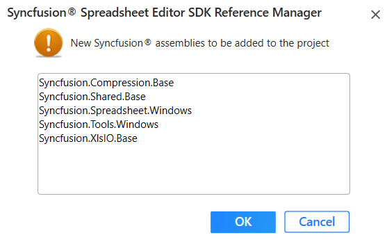 Syncfusion Spreadsheet Editor SDK Reference Manager new assemblies add information dialog