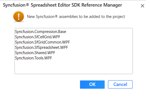 Syncfusion Spreadsheet Editor SDK Reference Manager new assemblies add information dialog