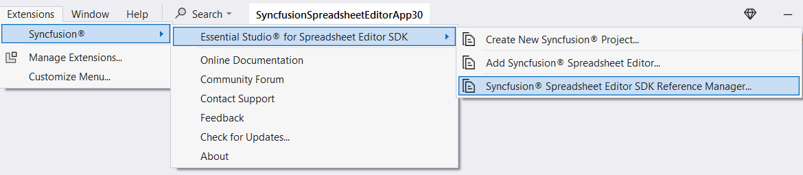 Syncfusion Spreadsheet Editor SDK Reference Manager via Syncfusion Menu