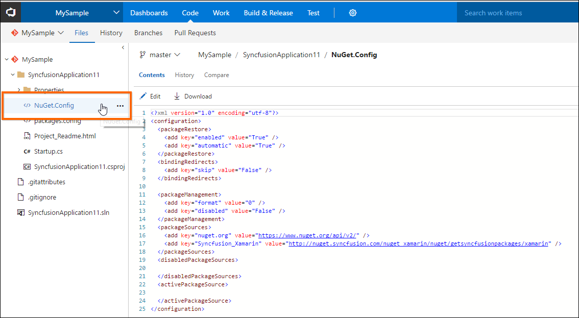 Sample project configuration page in Visual Studio Online Application