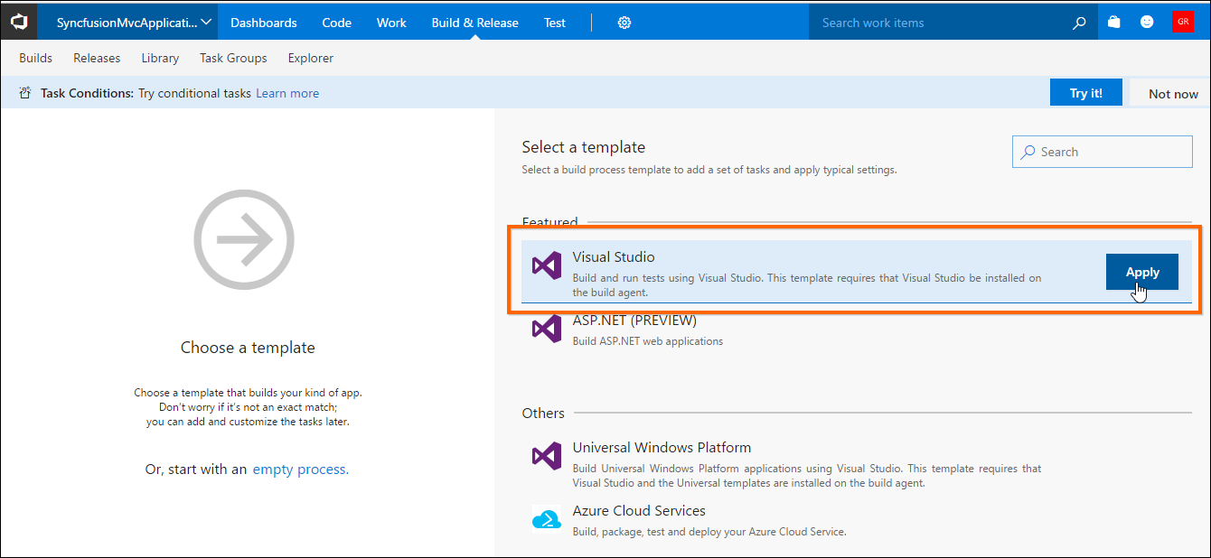 Build process template selection section in Visual Studio Online Application