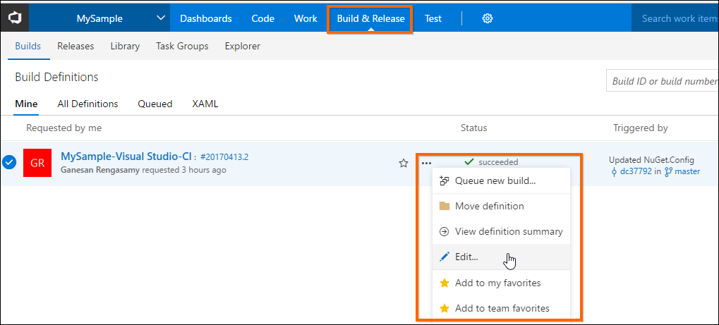 Build and release section with edit option in Visual Studio Online Application