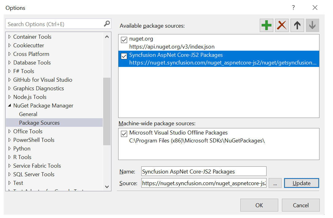NuGet Package Manager dialog with Syncfusion Essential JS 2 NuGet feed URL for reference