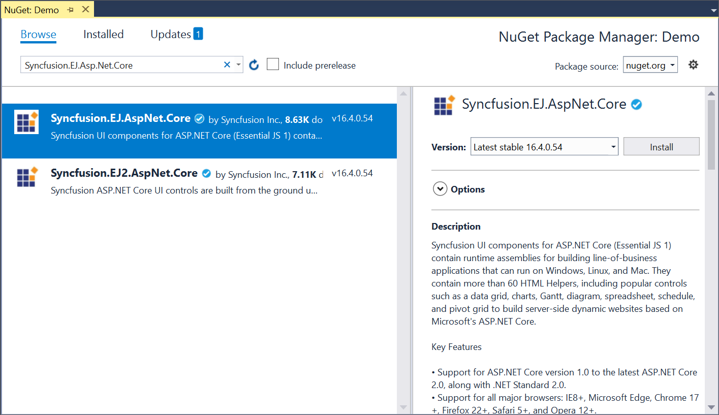 NuGet package manager dialog window