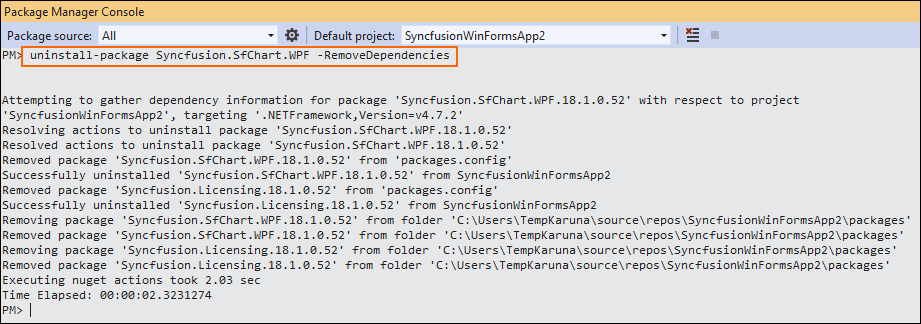NuGet package uninstallation log in Package Manager Console window