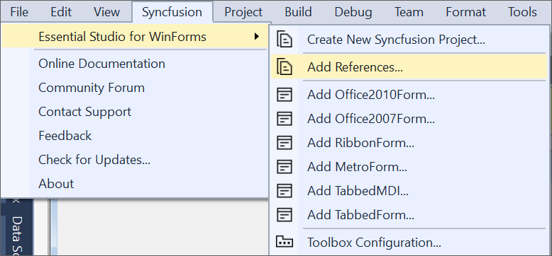 Syncfusion Reference Manager via Syncfusion Menu