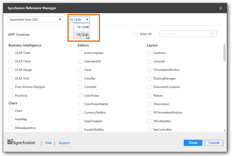 Syncfusion Reference Manager version selection option