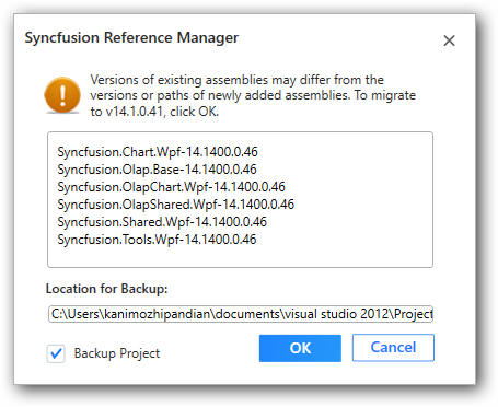 Syncfusion Reference Manager backup dialog with the migrating assembly details