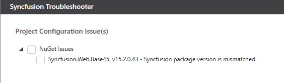 Syncfusion NuGet Packages version mismatched issue shown in Troubleshooter wizard