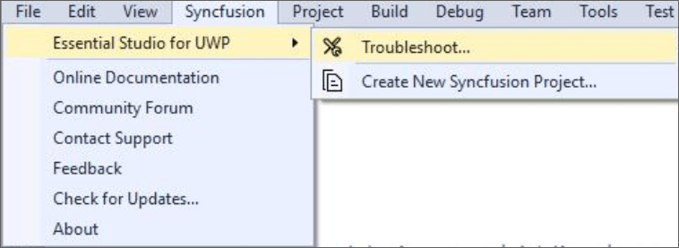 Syncfusion Menu when Selected Syncfusion UWP application in Visual Studio