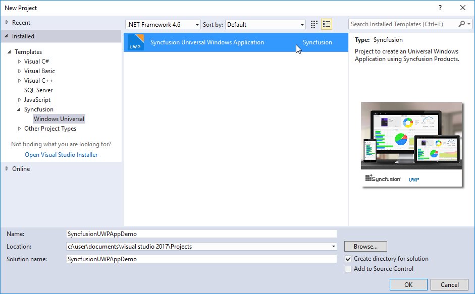 Choose Syncfusion Universal Windows Application from Visual Studio new project dialog