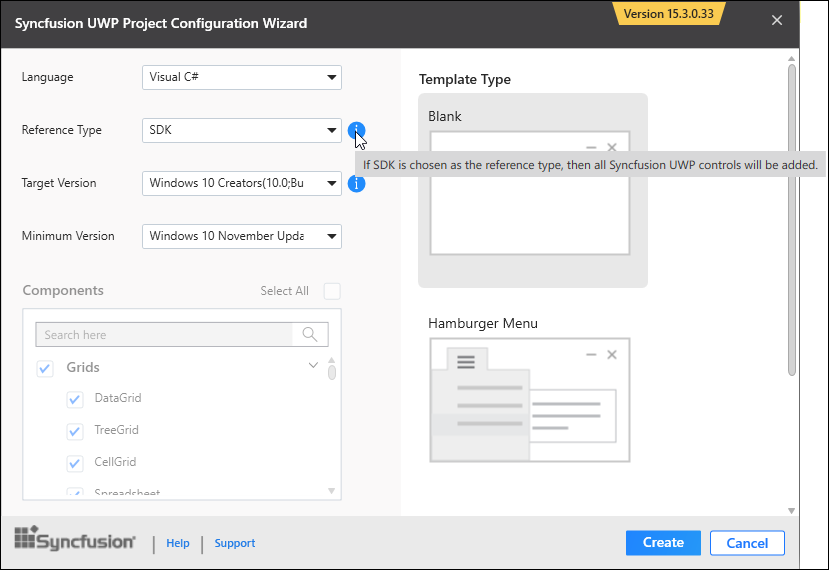 Syncfusion UWP Project configuration wizard