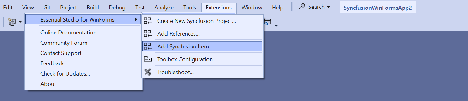 Choose Add Syncfusion Item option from menu