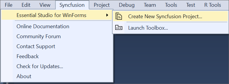 Syncfusion Menu when No project selected in Visual Studio