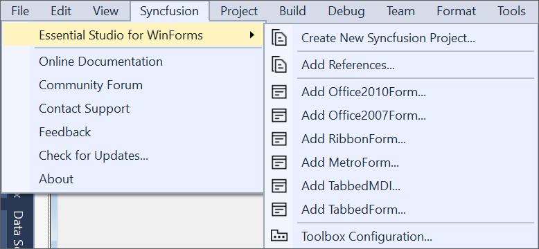 Syncfusion Menu when Selected Microsoft Windows Forms application in Visual Studio