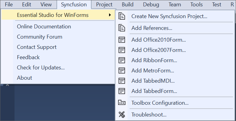 Syncfusion Menu when Selected Synfusion Windows Forms application in Visual Studio