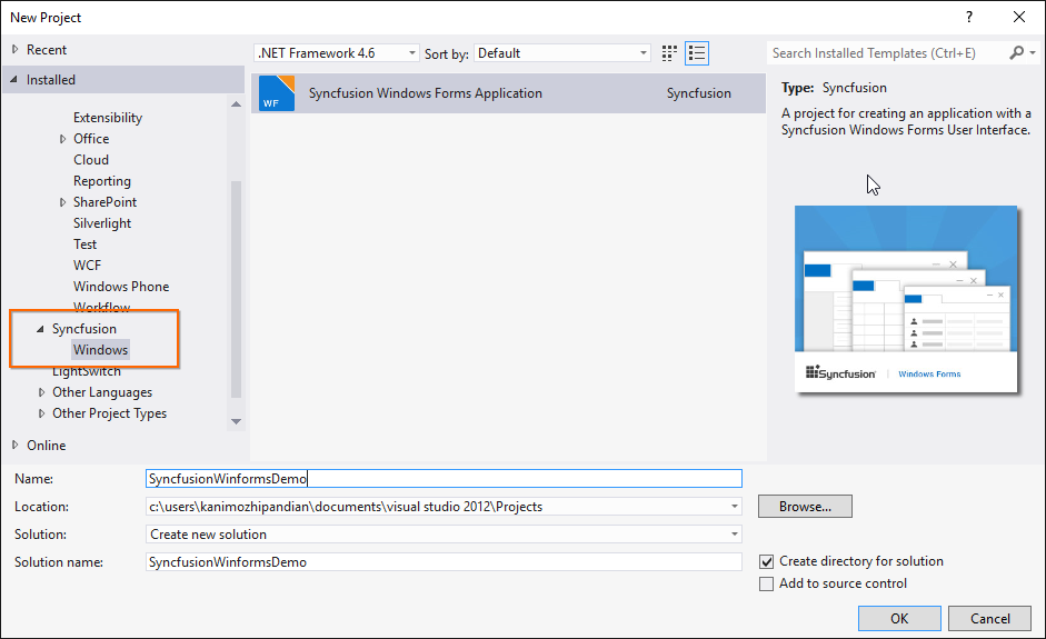 Choose Syncfusion Windows Forms Application from Visual Studio new project dialog