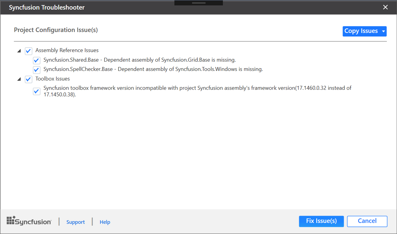 Syncfusion Troubleshooter wizard with project configuration issues
